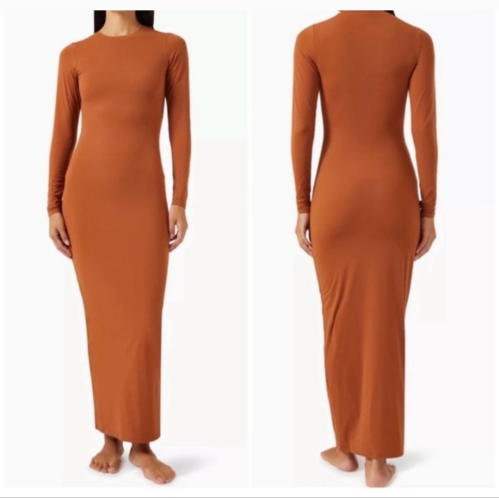 Skims Fits Everybody Long Sleeve Maxi Dress Rust Copper XXS